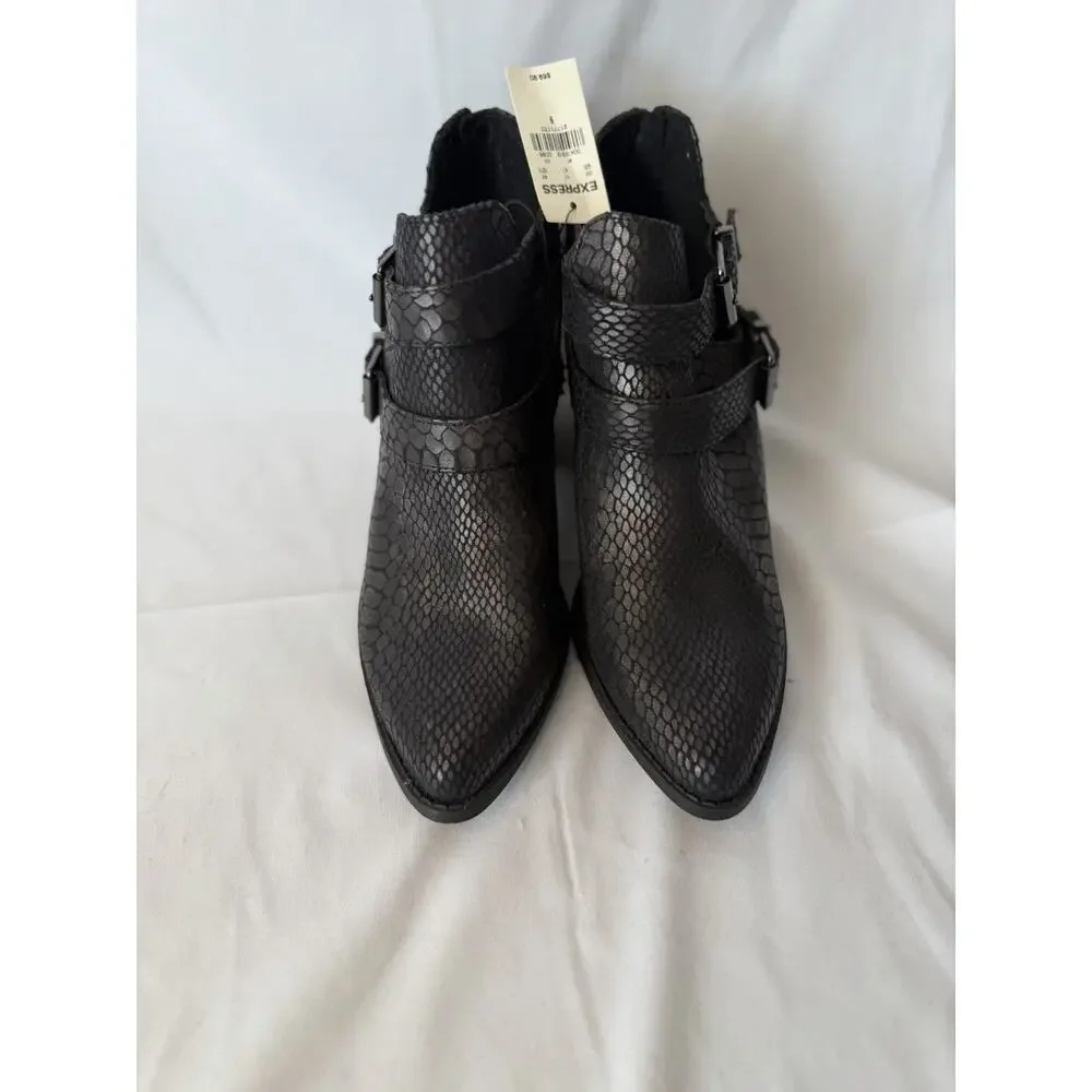 Express Black Faux Snakeskin Embossed Double Buckle Ankle Bootie Sz 9 NEW
